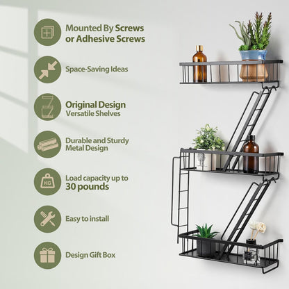 Fire Escape Wall Shelf - New York Decorative Ladder Shelf, Wall Art Floating Shelf Black Metal Shelves for Bedroom, Home Office Storage and Display (3-Tier)4