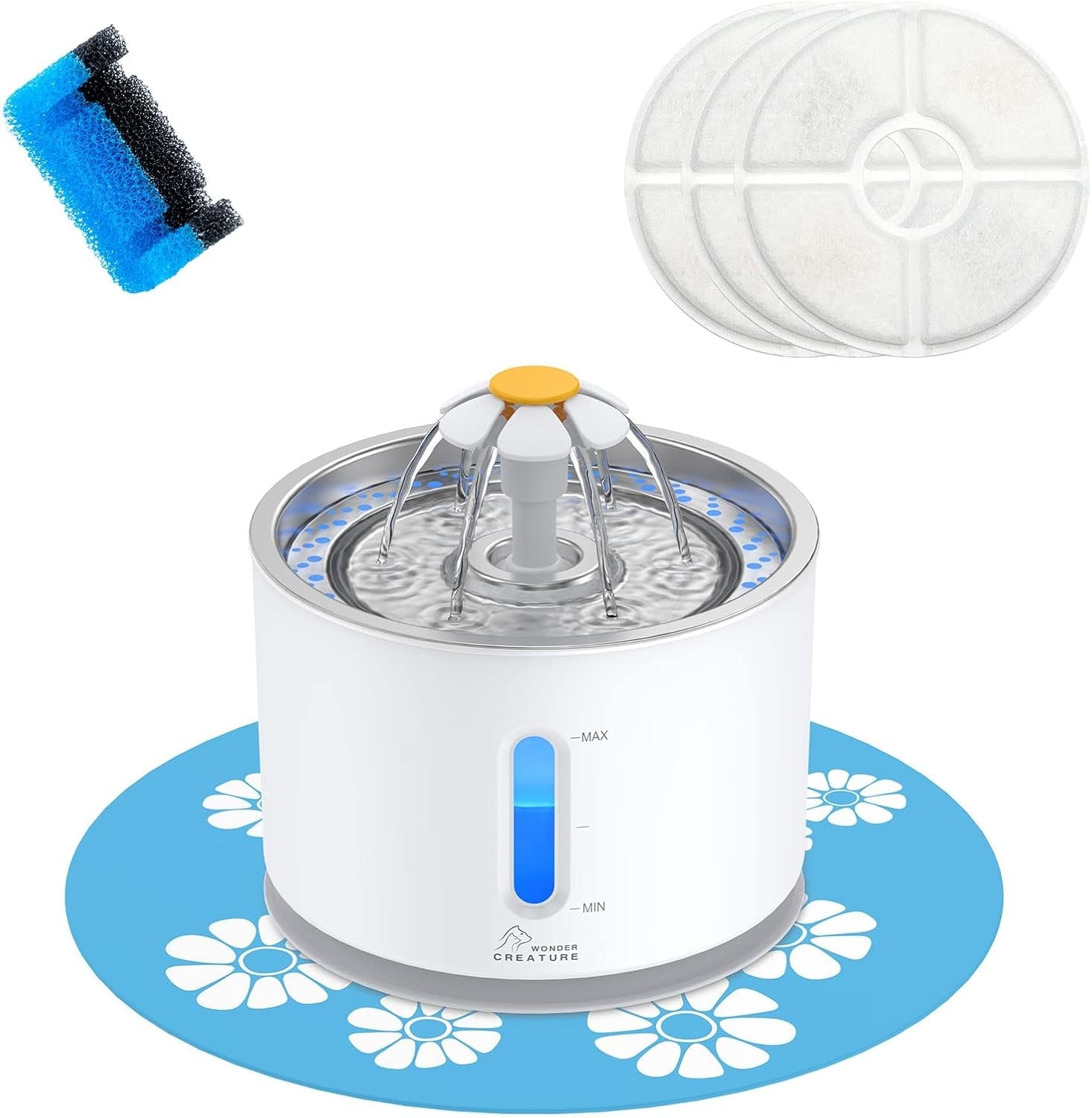 wonder-creature-cat-water-fountain-stainless-steel-lid-81oz-2-4l-3-filters-pet-fountain-with-3-carbon-filters-1-mat-quiet-pump-led-water-level-window-bpa-free-stainless-steel-lid