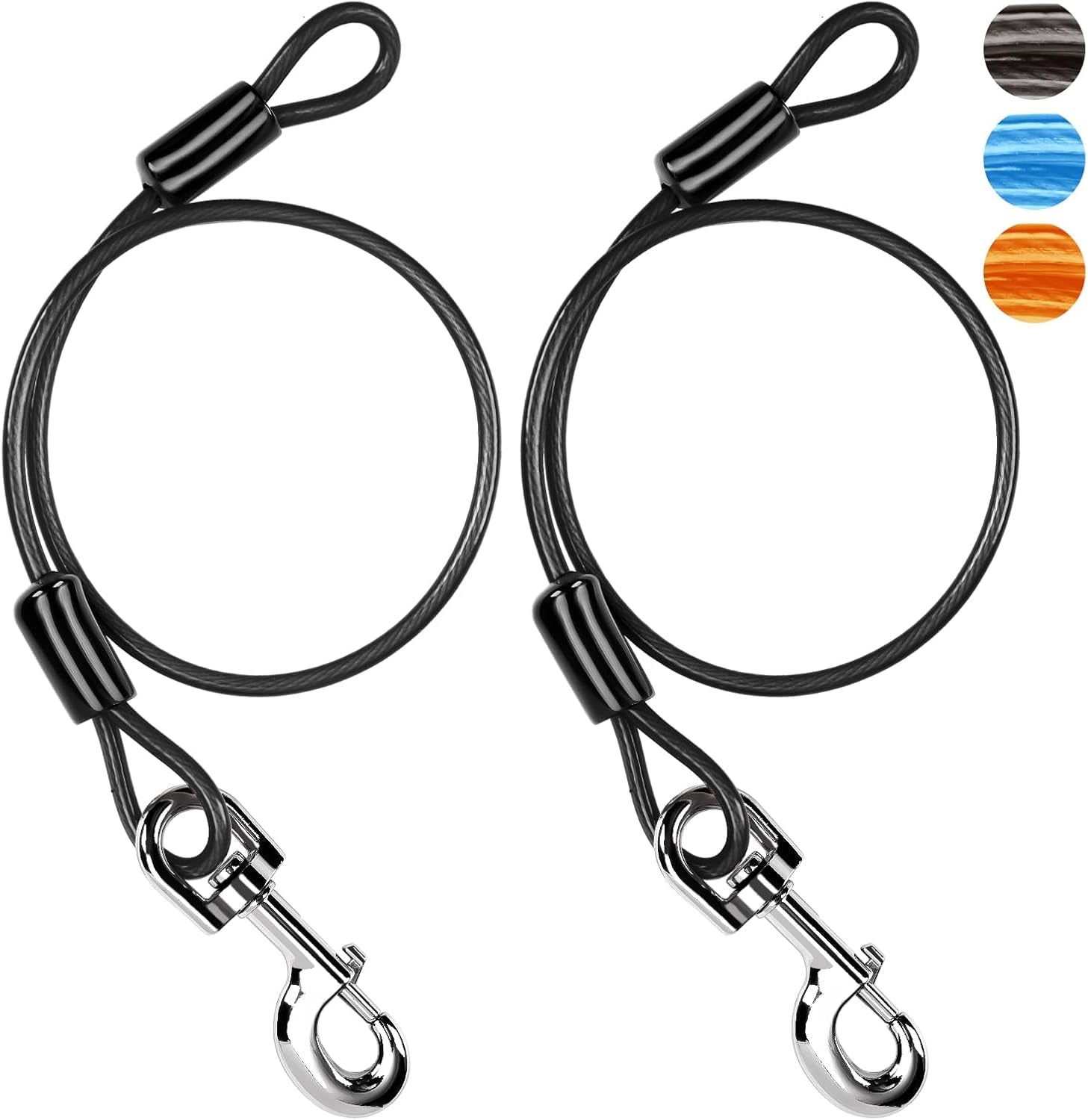 chew-proof-dog-leash-extender-2ft-5mm-metal-lead-extension-360-tangle-free-for-walking-training-puppies-fits-small-medium-large-dogs-collar-harness-compatible-black-orange-blue