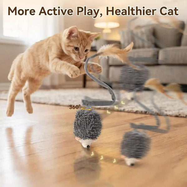 Migipaws Interactive Hedgehog Cat Toy 360° Rolling & Spin with Soft Plush Tail for Indoor Cats Smart Motion Sensor, Realistic Squeak, Rechargeable Plush Kitten Toy (Grey)2