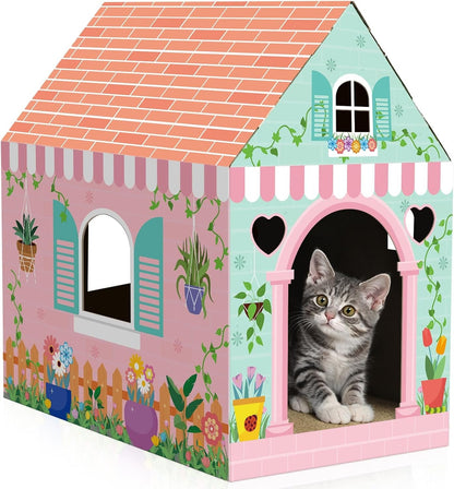 Cinrobiye Cardboard Cat House with Scratcher, Indoor Cat Condo Cat Cave Hideout with Scratch Pad, Cardboard Cat Playhouse Bed for Cats, Kittens, Rabbits & Small Pets (Mushroom)12