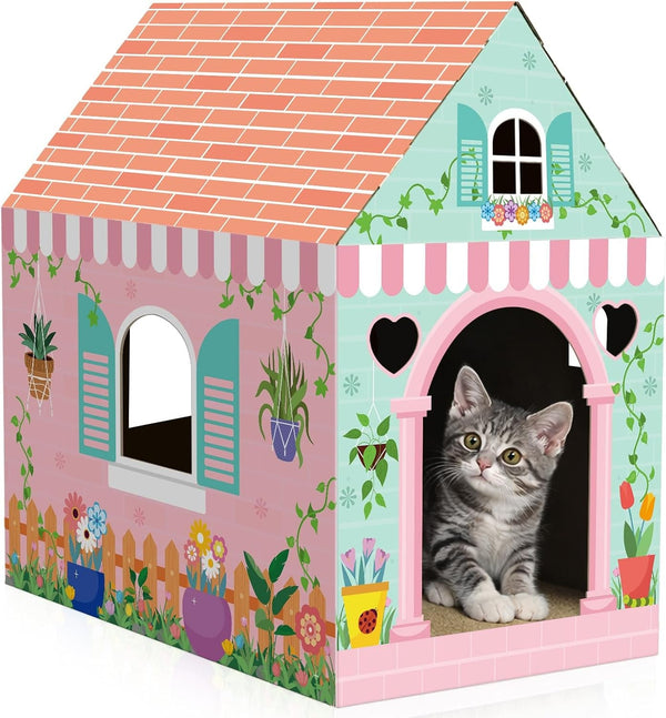 Cinrobiye Cardboard Cat House with Scratcher, Indoor Cat Condo Cat Cave Hideout with Scratch Pad, Cardboard Cat Playhouse Bed for Cats, Kittens, Rabbits & Small Pets (Mushroom)12