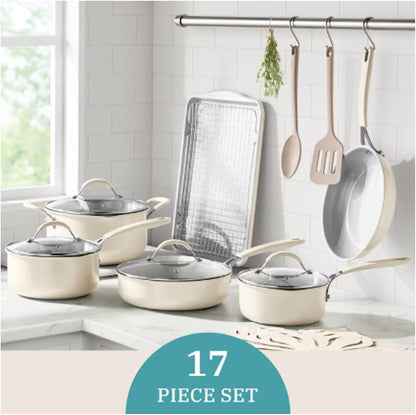 Pioneer Woman 17-Piece Ceramic Cookware Set with Strainer Lids and Cookie Sheet with Rack - Nonstick Pots and Pans Set (Cream)2