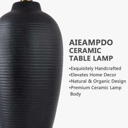 25" Retro Vintage Ceramic Table Lamp for Living Room Bedroom | Farmhouse Rustic Black Bedside Lamp with Natural Textured Finish, Nightstand Lamps for End Table, Bulb Included3