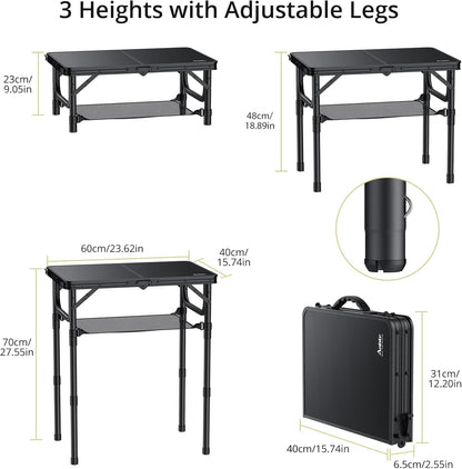 Folding Camping Table, 24"X 16" Adjustable Height Small Folding Table | with Storage Net, Aluminum Compact Folding Table, Lightweight, Portable Table for Outdoor Travel Cooking Picnic, Pure Black3