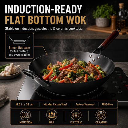 12.6-Inch Nitrided Carbon Steel Wok Pan, Flat Bottom, Induction | Fast-Heating Carbon Steel for Stir-Fries, Fried Rice and Noodles. Pfas-Free, Factory-Seasoned, Induction Ready; Serves 3-4.4