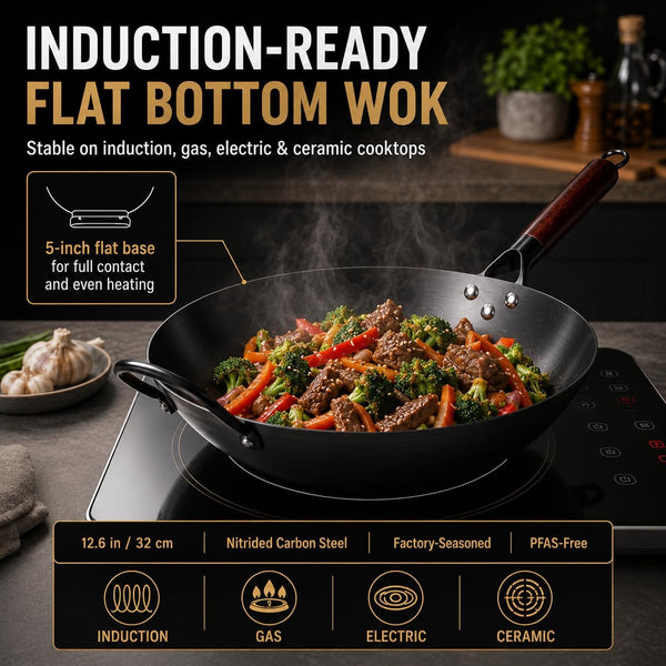 12.6-Inch Nitrided Carbon Steel Wok Pan, Flat Bottom, Induction | Fast-Heating Carbon Steel for Stir-Fries, Fried Rice and Noodles. Pfas-Free, Factory-Seasoned, Induction Ready; Serves 3-4.4