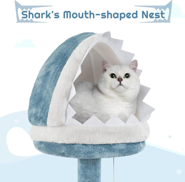 Yaheetech 72.5In Shark Cat Tree, Shark Mouth Bed, 2 Condos, Blue & White | Ocean-Themed Design, Multi-Level Layout, 2 Wide Perches, Interactive Toys, Sturdy Anti-Wobble, Spacious for Multi Indoor Cats8