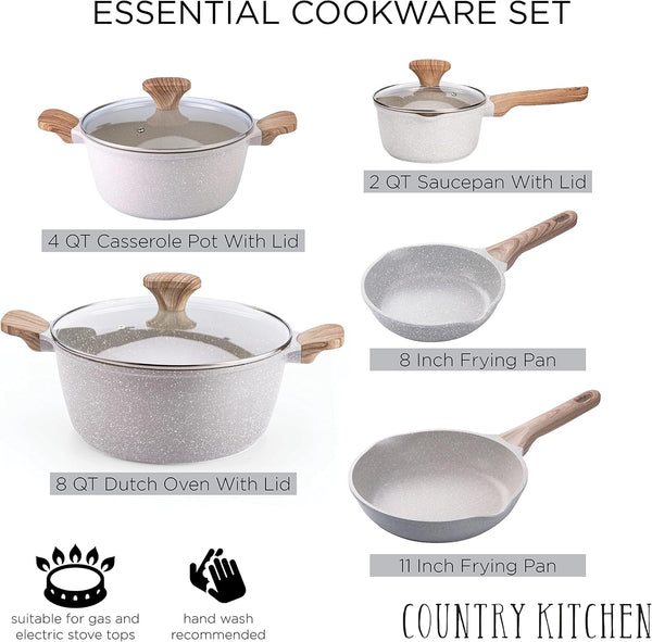 Non-Stick Cast Aluminum Cookware Set - Durable Kitchen Cookware for Everyday Cooking, Speckled Cream, 8 Pc.2