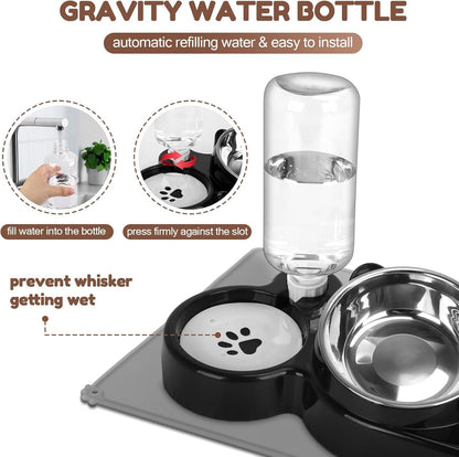 Cat Food and Water Bowl Set, Stainless Steel Raised Cat Bowls with Automatic Water Bottle & Waterproof Mat for Cats/Puppies, 3 in 1 Pet Feeding Station for Wet/Dry Food, Black4