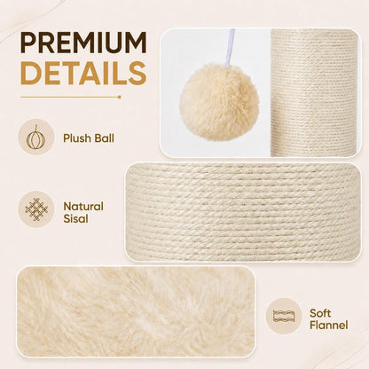 PAWSCRAT 32-Inch Tall Cat Scratching Post, 5.5-Inch Diameter, Sisal, Beige | Natural Sisal Scratching Surface with a Dangling Ball for Indoor Cats, Scratch-Resistant Durable and Protect Your Furniture5