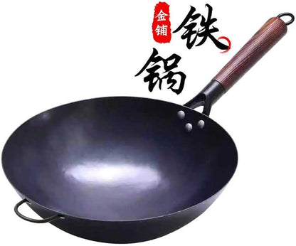 Chinese 100% Hand Hammered Iron Woks Stir Fry Pans, Non-Stick, No Coating, Less Oil, Black Seasoned Wooden Handle (Cook-36Cm)1