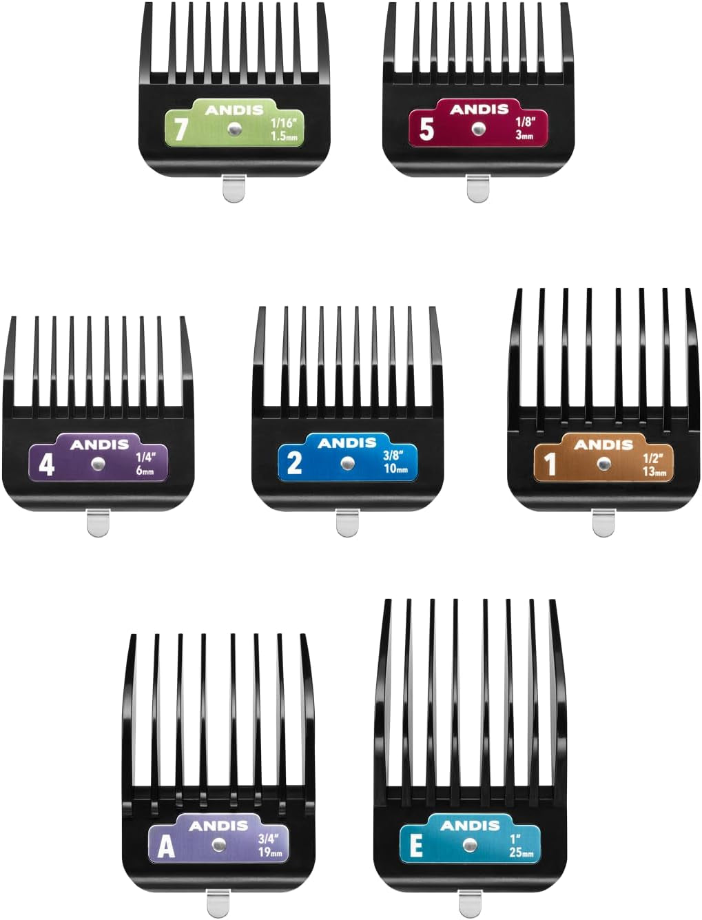 andis-562014-premium-clip-animal-comb-set-built-with-plastic-includes-7-color-coded-combs-of-different-sizes-metal-clip-to-attach-comb-fits-ultra-edge-ceramic-edge-blades-multicolor