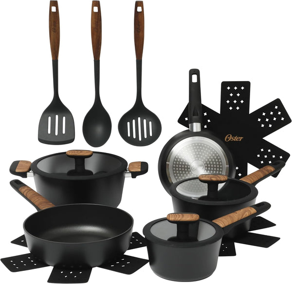 Oster Platinum Oxburg 14 Piece Forged Aluminum PFA Free Non-Toxic Premium Ceramic Non Stick Interior Cookware & Kitchen Tools Set - Black W/Wood Handles1