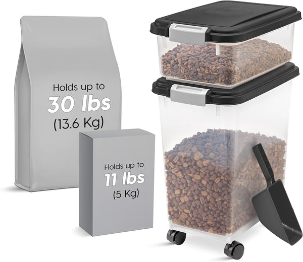 IRIS USA Dog Food Storage Container 30 Lb + 11Lb Airtight Combo, Stackable Pet Food Storage Bin with Wheels for Cat Dog Food, BPA Free, Made in USA, Black | Stackable Pet Food Plastic Storage Bins with Wheels for Cat and Dog Food, Made in USA2