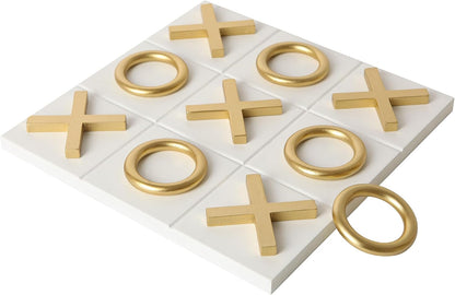 12X12 Inch Tic Tac Toe Wood Game Board Classic Coffee Table Decor Modern Wooden Travel Game for Family, White & Gold1