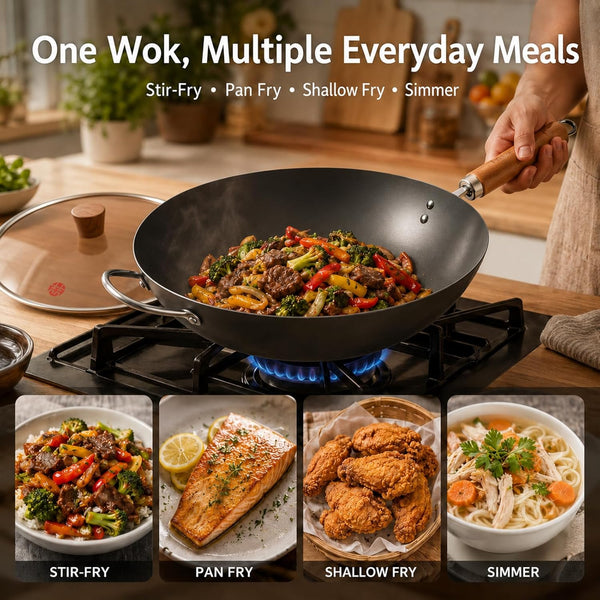 Carbon Steel Wok with Lid, 12.6 Inch Flat Bottom Wok Pan, Uncoated Stir Fry Pan with Wooden Handle, Chinese Wok for Gas, Electric, Induction & Ceramic Stoves | Uncoated Stir Fry Pan with Wooden Handle for Gas, Electric, Induction & Ceramic Stoves3