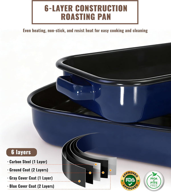 Roasting Pan for Oven with Rack 6-Piece Enamel Deep Lasagna Baking Dish 14&17 Inch, 572°F High Temp Resistance Dishwasher Safe Non-Stick Easy-To-Clean, Large Turkey Ham Roaster Housewarming Gift2