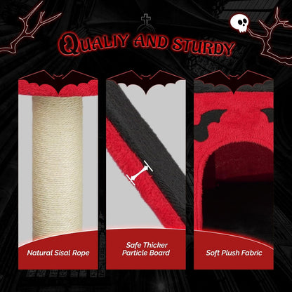 VINGLI 27.6In Gothic Cat Tree with Spacious Cat Condo & 2 Padded Perches, Red & Black Cat Tower with Scratching Ladder, Sisal Posts & Spider Toy for Large Cats6