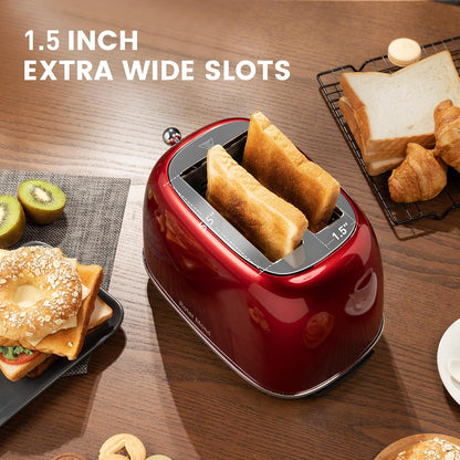 2 Slice Toaster Retro Stainless Steel with Bagel, Cancel, and Defrost Functions, 6 Bread Shade Settings, Extra Wide Slots and Removable Crumb Tray, Red3
