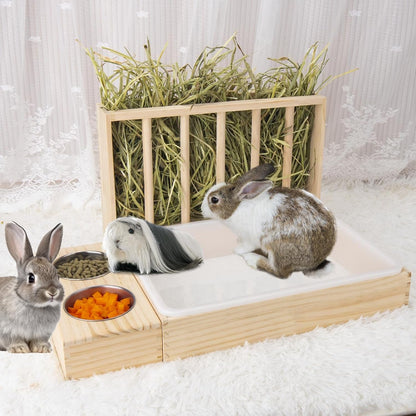 BESNEW 3 in 1 Rabbit Hay Feeder with Litter Box,Wooden Hay Feeder with 2 Bowls & Litter Box for Guinea Pig Chinchilla Bunny Other Small Animals,Large Capacity & Preventing Waste7