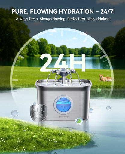 Stainless Steel Cat Water Fountain, 2.8L with 20Db Ultra-Quiet Pump- Ideal for Timid Pets, LED Water Level Window, Dishwasher Safe, 24/7 Circulation- Includes 3 Replacement Filters2