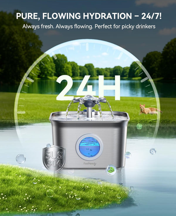 Stainless Steel Cat Water Fountain, 2.8L with 20Db Ultra-Quiet Pump- Ideal for Timid Pets, LED Water Level Window, Dishwasher Safe, 24/7 Circulation- Includes 3 Replacement Filters2