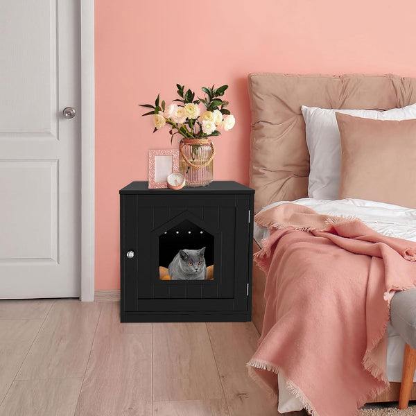 ZENY Hidden Cat Litter Box Furniture - Enclosed Cabinet with Vent Holes, Indoor Wooden Washroom, End Table, Nightstand (Black)4
