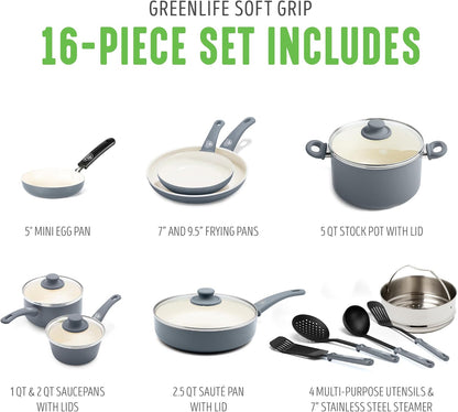 16 Piece Ceramic Nonstick Pots & Pans Cookware Set, Gray | Pfas-Free Nonstick Coating, Stockpot, Frying Pans, Saucepans, Sauté Pan, Stay-Cool Handles, Dishwasher & Oven Safe up to 350F3