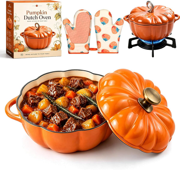 Pumpkin Dutch Oven Pot with Lid, Enameled Cast Iron Pumpkin Cookware, Even Heating Pumpkins Pot for Soup Stew Bread Baking, Dual Handles, Fall Decor，Orange A(1.5 Qt)1