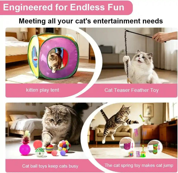 Retro Shaw 33 Pack Cat Toys for Indoor Cats, Collapsible Kitty Tunnel Tent with Feather Teaser Wand, Springs Balls Bell Mouse Interactive Kitten Hideaway Playhouse 15.7 Inches5
