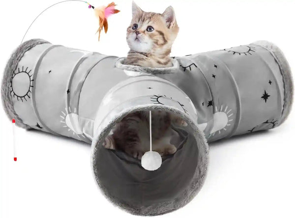Tempcore Pet Cat Tunnel Tube Toys 3 Way Collapsible, Tunnels for Indoor Cats, Interactive Tube with Teaser Wand, Peek Holes & Hanging Ball, Black & Blue33