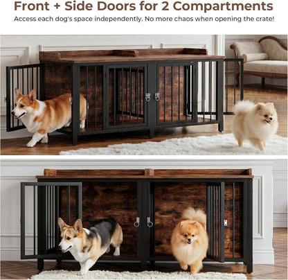 BOINN 63" Heavy Duty Dog Crate Furniture with 4 Doors, Removable Divider & Openable Top, Indoor Dog Kennel with Raised Edge Tabletop, Double Dog Cage for Medium Large Dogs, Decorative Pet Crate3