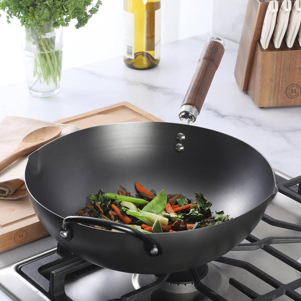 Chisholm 13.5-Inch Carbon Steel Nonstick Wok, Pfas-Free Wok Pan & Flat Bottom Stir Fry Pan with Long Walnut Wood Handle & Helper Handle, Black2