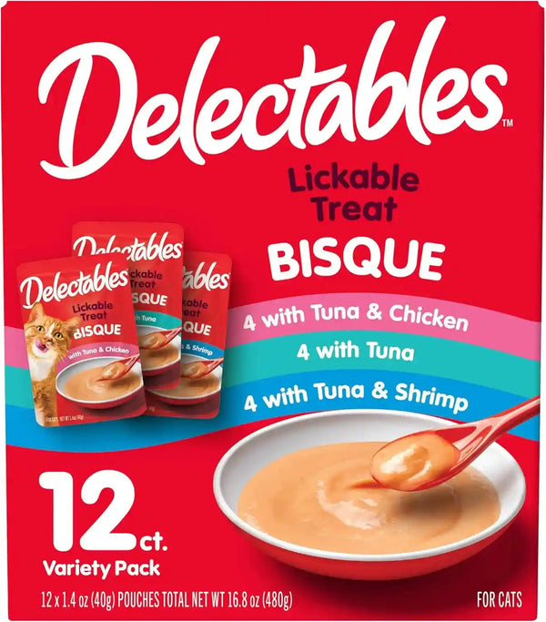 Delectables Lickable Treat Bisque Wet Cat Treat with Real Tuna & Salmon, Food Topper, Hydrating, Grain-Free, No Fillers, No By-Products, No Added Preservatives, 1.4Oz Pouch, 12Ct12