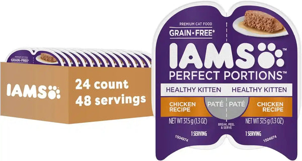IAMS Perfect Portions Healthy Kitten Pate Wet Cat Food, Chicken, 24 Count | Grain-Free, Vitamin E Immune Support, No Fillers, Made in USA, Snap-Peel-Serve 2.6 Oz. Twin-Pack Trays, No Artificial Flavors1