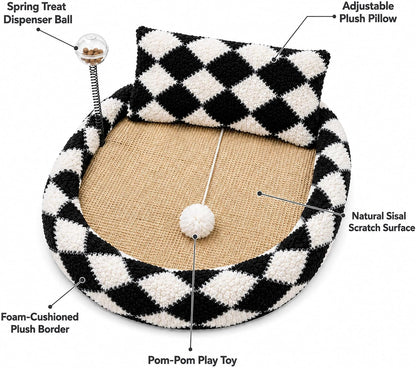 Furso Cat Bed Scratcher Lounge for Indoor Cats – Sisal Scratch Pad with Spring Treat Ball, Plush Pillow & Play Toy | Diamond Design | Protects Furniture3