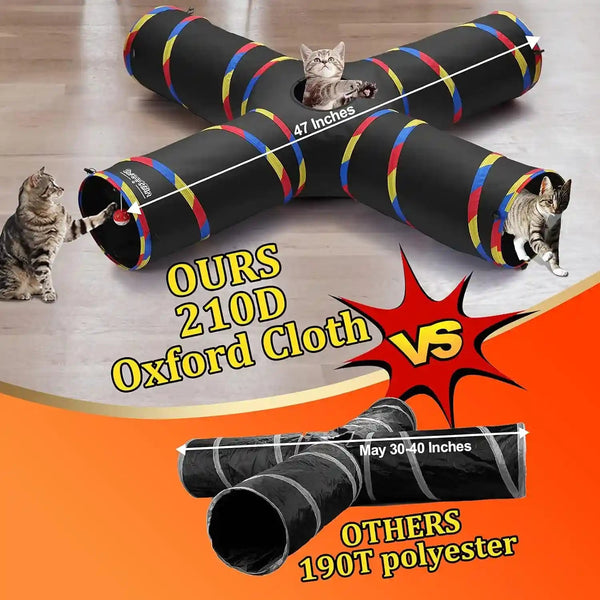 4 Way Large Cat Tunnels for Indoor Cats - 10" Diameter & 47" Long Play Tunnel Toy - Cat Tube with Play Ball & Mouse Toy - Interactive Peephole (Black)3