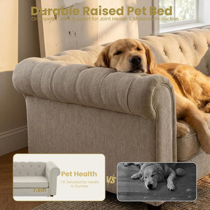 Elevated XL Large Dog Sofa with Backrest and Armrests, 55" Button Tufted Dog Couch Bed with Soft Cushion for Large Dogs, Stylish Lounging Bed Pet Couch Chair, 120Lbs Weight Capacity, Beige5