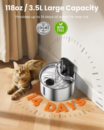 Cat Water Fountain Wireless Stainless Steel with Sensor 3.5L/118Oz Battery Operated Rechargeable Automatic Water Dispenser Quiet Pump for Drinking Indoor, Easy Clean for Cats Dogs Pets3