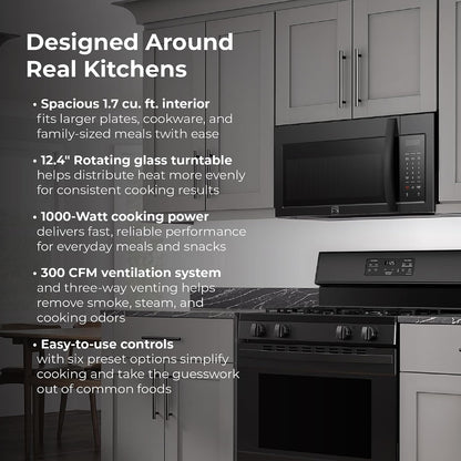 Over-The-Range Microwave – 1.7 Cu. Ft. Capacity, Black | 1000 Watts, 300 CFM Vent Fan, 12.4" Glass Cooking Tray, Preset Cooking Controls, Child Lock, LED Lighting4