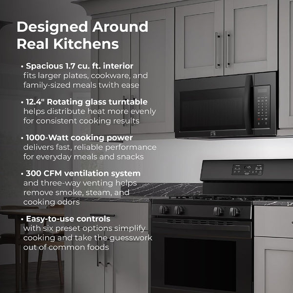 Over-The-Range Microwave – 1.7 Cu. Ft. Capacity, Black | 1000 Watts, 300 CFM Vent Fan, 12.4" Glass Cooking Tray, Preset Cooking Controls, Child Lock, LED Lighting4
