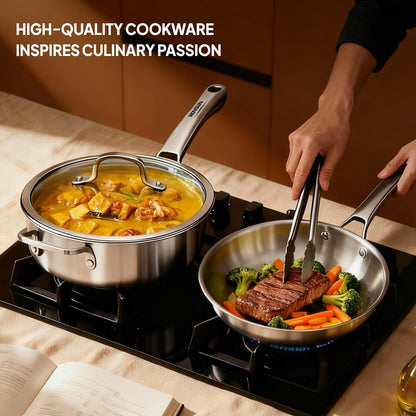 11-Pcs Stainless Steel Cookware Set, Tri-Ply Pots and Pans Set, Non-Toxic Kitchen Set, PFOA & PTFE Free, Full Clad Frying Pans, Saucepans, Saute Pan & Stock Pot, Compatible for All Cooktops7