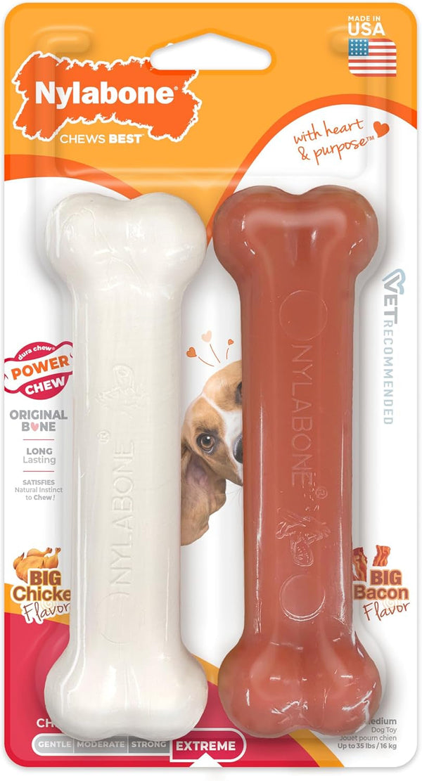 Nylabone Power Chew Original Bone Dog Chew Toys, Medium, 2 Count | Chicken and Bacon Flavor, Durable Chew Toys, Discourages Destructive Chewing, Long Lasting, for Dogs up to 35 Pounds11