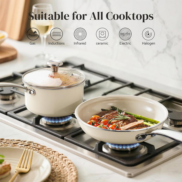 Nonstick Mini Cookware Set, 8"Ceramic Fry Pan 2.5Qt Sauce Pan with Lid, Fryingpan & Pots Set, Induction Compatible, Nontoxic, Oven Dishwasher Safe, PTFE & PFOA Free, Beige7