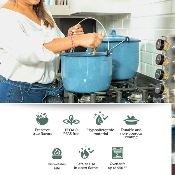 8-Piece Enameled Steel Stock Pots (14 & 8 QT) with Lids, Turquoise Blue Cookware Set6