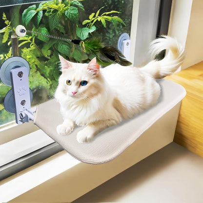 Cat Window Perch Seat Hammock, Foldable Hammock with 4 Strong Suction Cups, Easy to Assemble and Cat Wand,Cream1