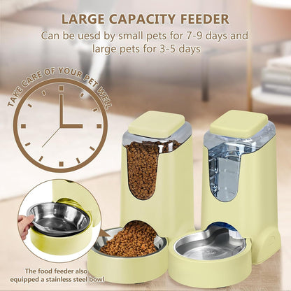 HWONMTE Portable Automatic Cat Feeder and Water Dispenser with Stainless Steel Bowl Dog Gravity Food Feeder and Waterer for Small Medium Pets Puppy Kitten 1 Gallon X 2 (Cream Yellow)5
