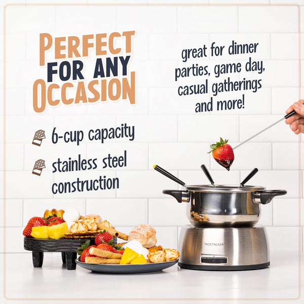 FPS200 6-Cup Stainless Steel Electric Fondue Pot with Temperature Control, 6 Color-Coded Forks and Removable Pot - Perfect for Chocolate, Caramel, Cheese, Sauces and More3