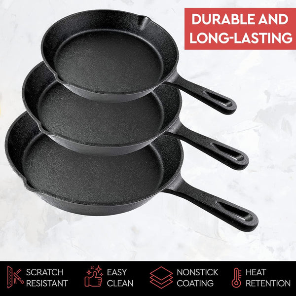 Cast Iron Skillet 3-Piece Set W/Cookbook - Heavy-Duty Professional Restaurant Chef Quality Pre-Seasoned Pan Cookware - 10", 8", 6.25" Pans - for Frying, Saute, Cooking, Pizza - Black2